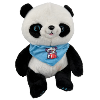 Panda Plüschtier ca. 39 cm sitzend mit blauem Halstuch und Popcorn-Motiv – großes Schwarz-Weiß-Kuscheltier mit blauen Pfotenballen, ideal als Geschenk oder Deko.